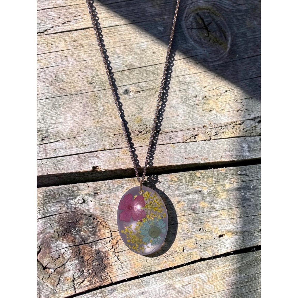 Handmade Pressed Flower Oval Necklace